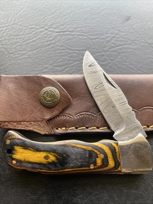 YELLOW  WOOD HANDLE  DAMASCUS LOCKBACK   POCKET KNIFE - Image 1 of 4