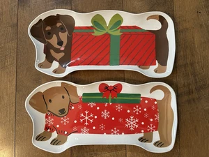 Weihnachtsgeschenk Dackel Wiener Doxie Melmac Kunststoff Teller Tablett Paar Set Kohl's - Bild 1 von 1