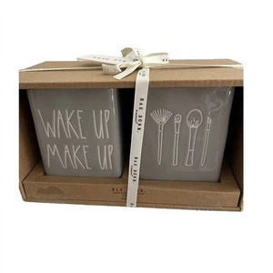 New in Box Rae Dunn 2 Pcs Grey White Wake up Make up Brushes Ceramic Holders Set - Picture 1 of 4