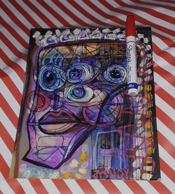 Original raw brut Outsider Art Painting Cardboard 8 x 10 inches JRUDY face woman - Image 1 of 4