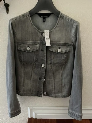 NUEVO CON ETIQUETAS WHBM Denim Chaqueta Elástica Gris con Botones de Cristal Talla S Foto 1 de 4