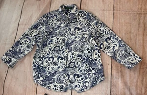 Lauren Ralph Lauren WomansButton Up Blouse Size Large Paisley White Blue Cotton - Picture 1 of 7