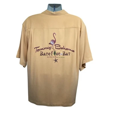Tommy Bahama Vintage Yellow Embroider Silk Button Up Bowling Camp Shirt L Pocket - Image 1 of 4