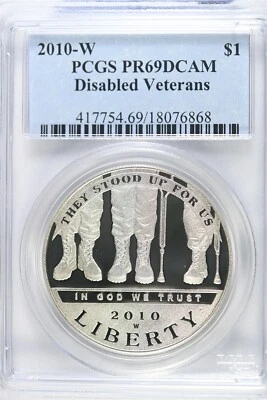 2010 W Proof Disabled Vets $1.00 Silver COMMEMORATIVE - PCGS PR 69 DCAM - Image 1 of 2