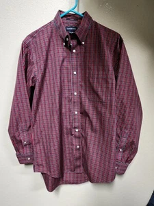 Lands End Mens Button Shirt 15.5- 33 Large Red Blue Plaid Oxford No Iron Cotton - Picture 1 of 4