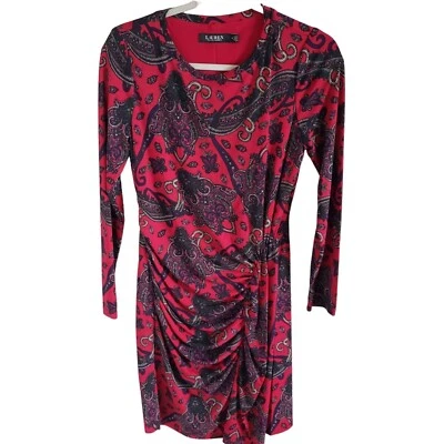 Lauren Ralph Lauren Woman Black Label Size 8 Faux Wrap Ruched Sheath Dress Lined - Image 1 of 4