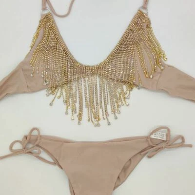 New Bikini Rhinestone Swimsuit Tassel Nightclub Suit Bikini Bra+Panties 2Pc Set - Image 1 of 4