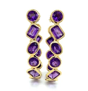 Amethyst Oval Bezel Set 18k Yellow Gold Inside Out Hoop Earrings - Picture 1 of 9