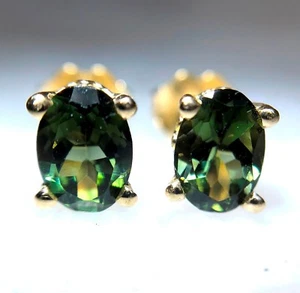 Genuine AA 1.56 ct Green Tourmaline Stud Earrings 14 K Yellow Gold Oval 7x5 mm - Picture 1 of 2