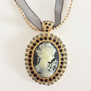 New Vintage Style Cameo Black Crystals Charm Bamboo Lace Chain Necklace NE1028