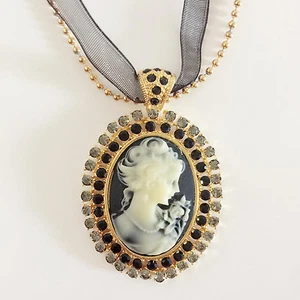 Nuevo Collar de Cadena de Encaje de Cameo Cristales Negros Estilo Vintage NE1028 - Imagen 1 de 3