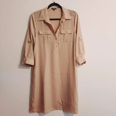 Spense Shirt Dress Light Brown Midi Size 10 Collared Lightweight Roll Tab Sleeve - Image 1 of 4