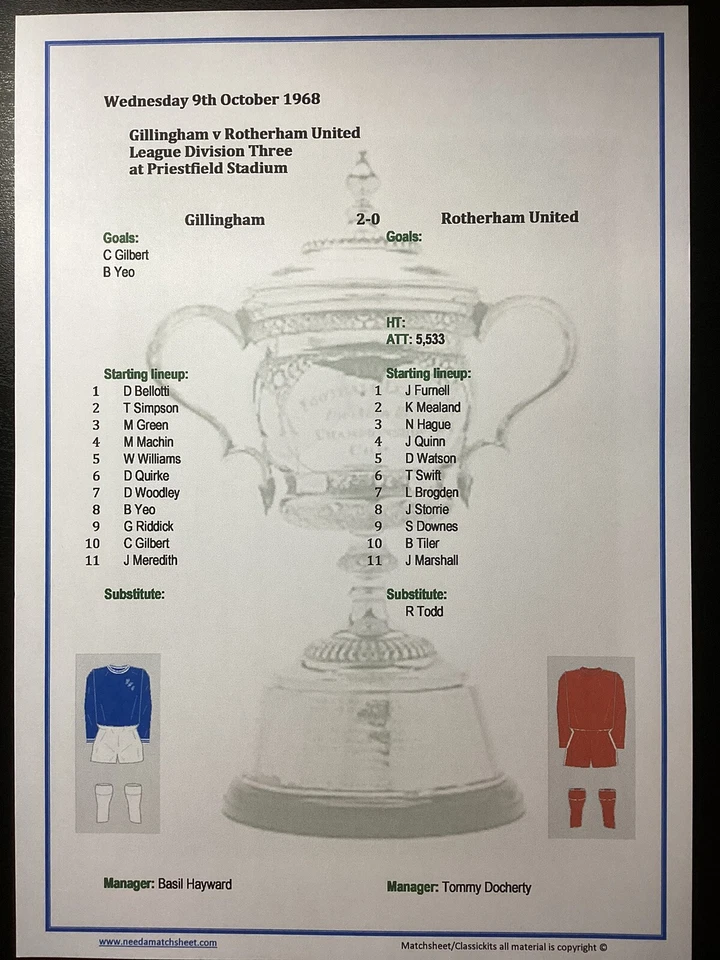1968-69 Gillingham v Rotherham United Division 3 Matchsheet - Image 1 of 1