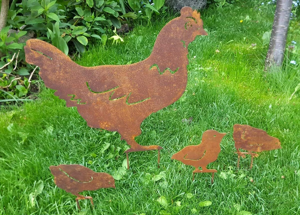 Gartendeko 4er SET Rost Edelrost Stecker Huhn Hühner Metall Deko Garten Figur XL - Bild 1 von 2
