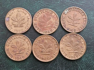 Lot of 6: 1949 German Pfennig Coins Includes mint Marks F, G and J - Picture 1 of 2