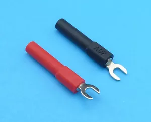 4mm Spade Connectors / Fork Terminals for 4mm Banana Plugs (1 Pair Red + Black) - Picture 1 of 4