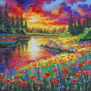 Pintura al óleo original de paisaje atardecer río flores silvestres bosque arte en lienzo - Imagen 1 de 24