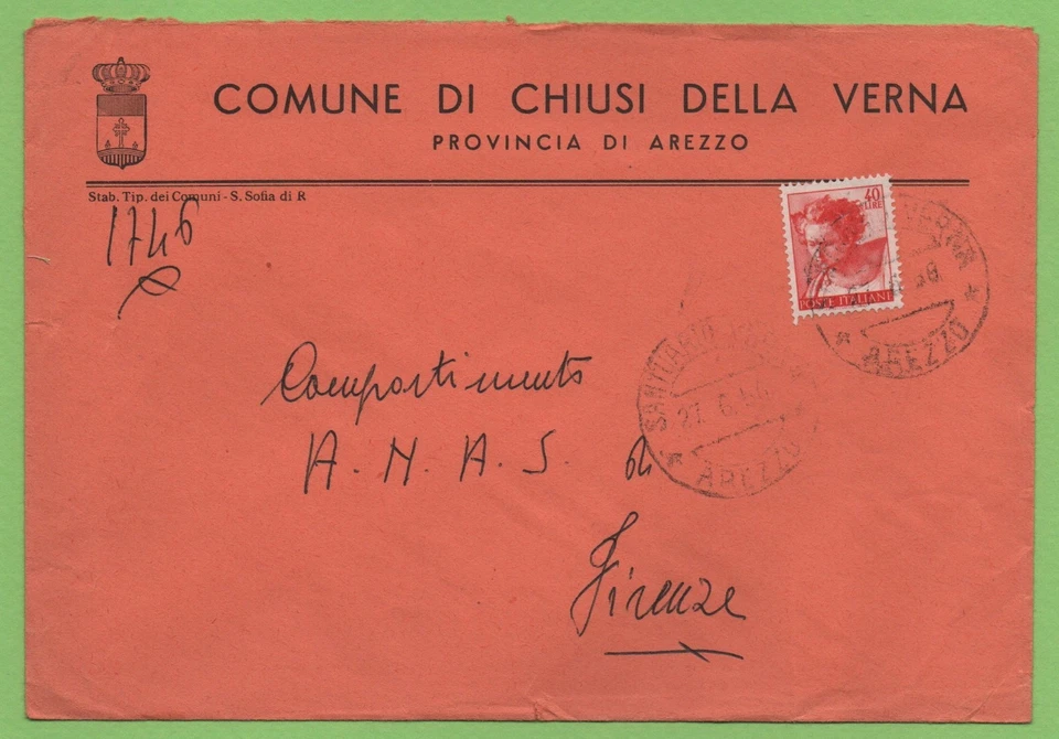 BUSTA STORIA POSTALE LOCALE COMUNE DI CHIUSI DELLA VERNA N°110 PROV. AREZZO - Immagine 1 di 1
