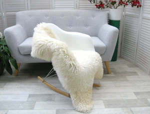 GENUINE REAL WHITE CREAM CURLY MONGOLIAN SHEEPSKIN RUG CHAIR FLOOR COVER G635 - Picture 1 of 17