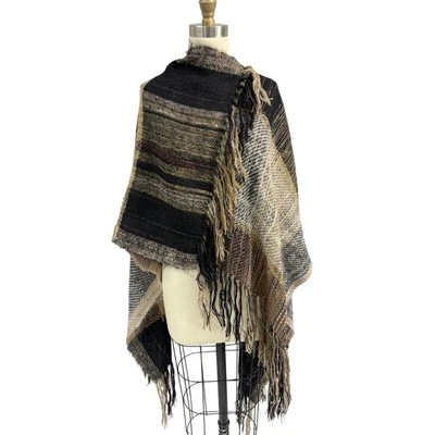 Mantón Stijfselkissie de Colección Años 80 Negro/Marrón Mezcla Mohair Metálico Dorado Flecos O/S Foto 1 de 4