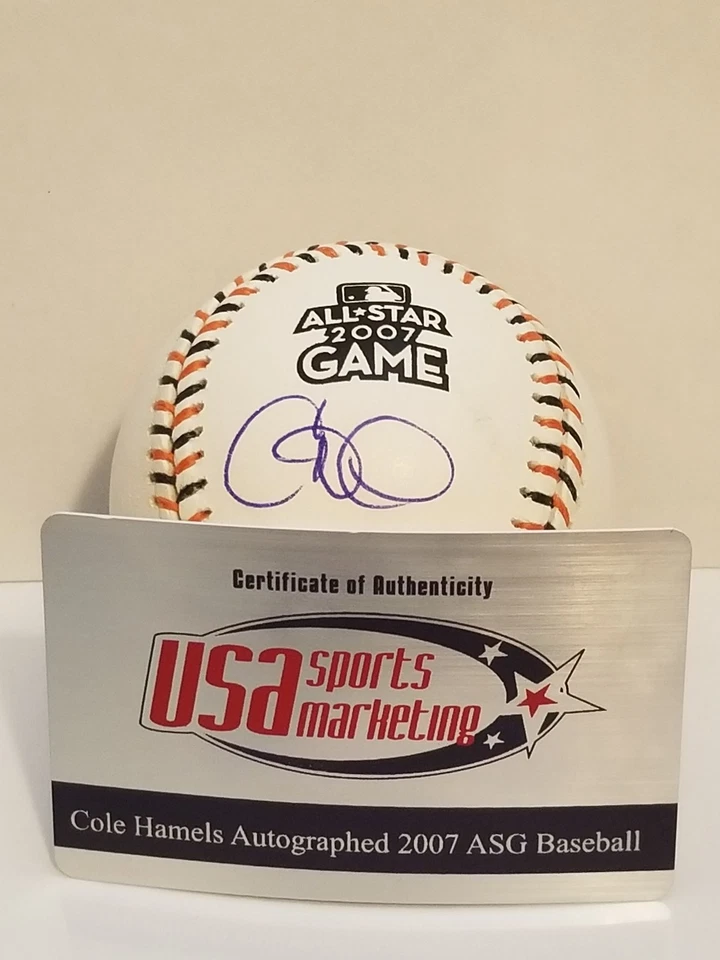 Cole Hamels Signed Phillies Rawlings OMLB 2007 ASG Baseball USA Sports Marketing - Image 1 of 4