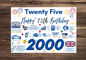 25th Birthday Card for HIM MEN MALE 2000 Year of Birth Facts Greetings Blue 25 - Picture 1 of 9