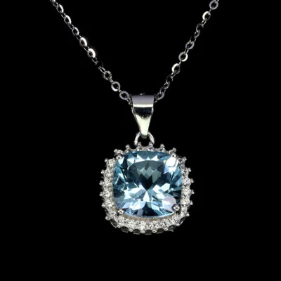 925 Argento Sterling Collana Cuscino Topazio Blu 10mm Zircone Naturale Gioielli - Immagine 1 di 4