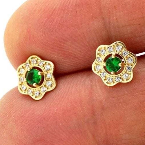 Emerald Flower Cluster Stud Earrings 14K Yellow Gold - Image 1 of 4