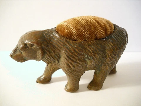 Antique Copper Bronze Grizzly Bear Pin Cushion Circa 1800s Sewing Cast Iron Cover