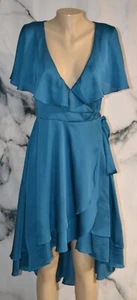 VENUS Bondo Blue Green Wrap Dress XS Short Sleeves Ruffle Trim Polyester - Picture 1 of 8