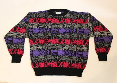 Men’s VTG Bugle Boy Acrylic Sweater / Black Purple Red Graphic Stripes / Small - Image 1 of 4