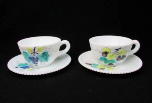 Westmoreland Milk Glass Hand Painted Beaded Edge Set of 2 Tea Cups Saucers Fruit - Picture 1 of 7