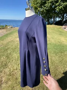 Vtg Caron Navy Blue Dress Chicago Buttons On Sleeves USA Womans Petite Size 6 - Picture 1 of 7