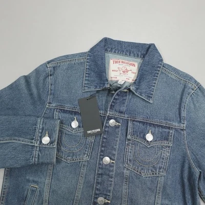 Jaqueta jeans True Religion Jesse SN caminhoneiro masculina tamanho S Blizzard lavagem média - Imagem 1 de 4