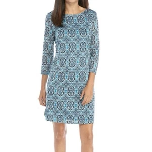 Kim Rogers Petite PS Blue Medallion Dress Grommet Neck 3/4 Sleeve Lined - Picture 1 of 13