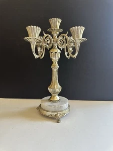 Vtg MCM Hollywood Regency Silver Metal 5 Candle Candelabra Italian Marble 12.5” - Picture 1 of 23