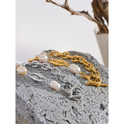 Stainless Steel Pearl Chain Toggle Clasp Bracelet Women Waterproof Jewelry - Image 1 of 4