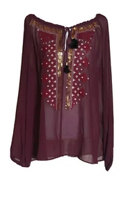 Nuevo con etiquetas Top campesino adornado granate dorado manga larga transparente Altuzarra for Target - Imagen 1 de 6