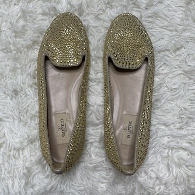 Zapatos planos de ballet para mujer Valentino Garavani elegantes dorados satinados con cristales talla 38 Foto 1 de 4