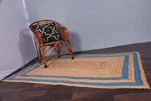Jute Rug Carpet Hand Braided Rectangle Runners Area Rug Beige + Turquoise Border - Picture 1 of 6