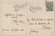 1911 UFFICI POSTALI ALL'ESTERO LEVANTE SMIRNE 10p/5p SU CARTOLINA X TORINO