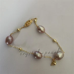 7.5-8 inch  Natural South Sea PURPLE Pearl Bracelet 14k yellow Gold Clasp P - Picture 1 of 9