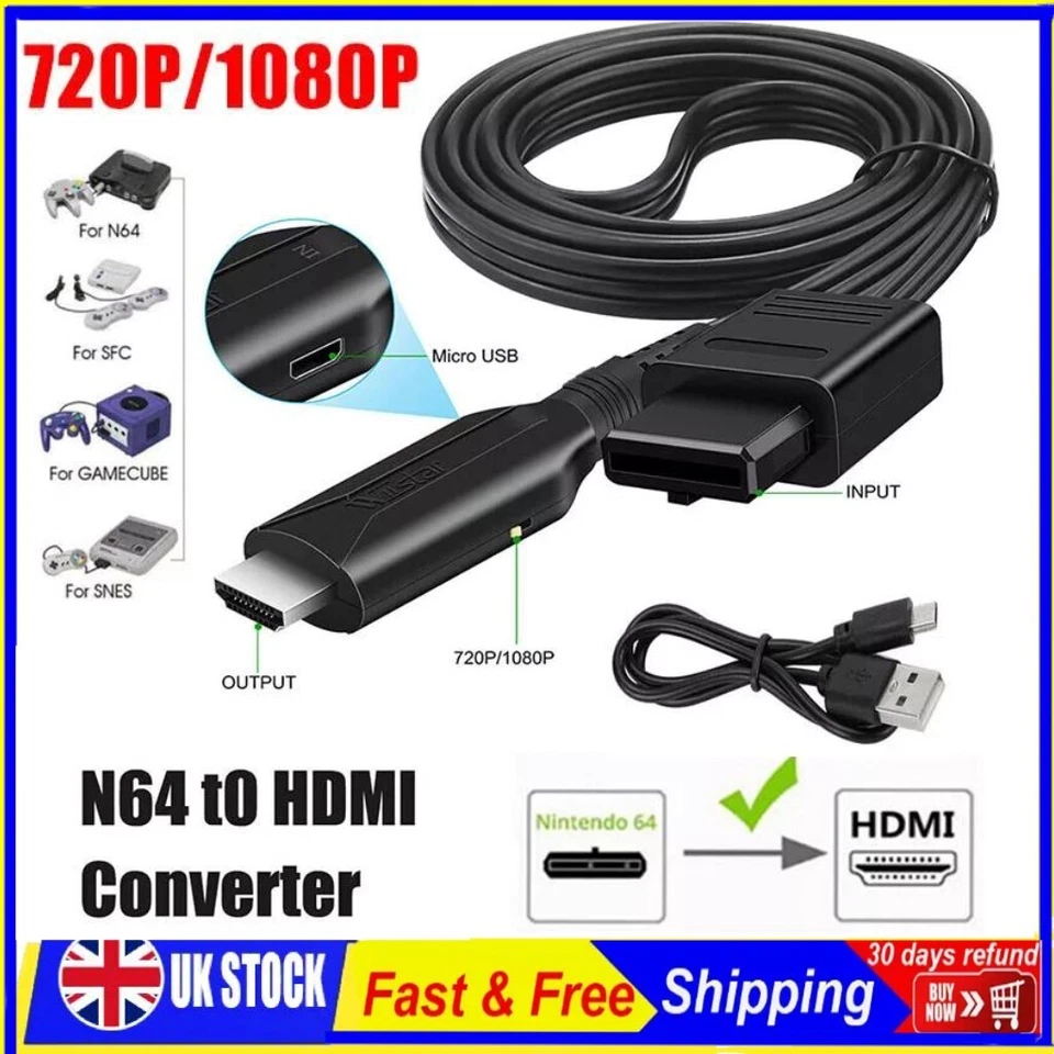 N64 To HDMI Converter HD Link Adapter Cable For Nintendo Gamecube Super NES SNES - Image 1 of 4