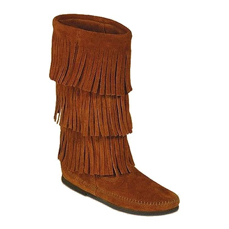 Minnetonka Moccasin BOOTS Brown Suede Leather 3 Tier Fringe Womens Size 5 1632