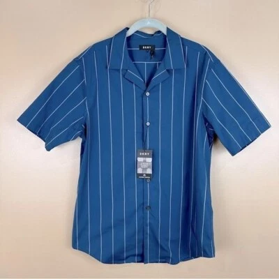DKNY Mens Blue Striped Short Sleeve Natural Stretch Shirt Medium - Image 1 of 4