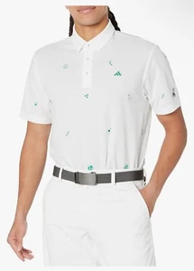 adidas Golf Polo Shirt Mens L White Green Knit SS All Over Monogram Embroidery - Picture 1 of 5