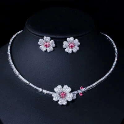 Silver Plated CZ Green Flower Choker Necklace Stud Earrings Bridal Jewelry Set - Image 1 of 4