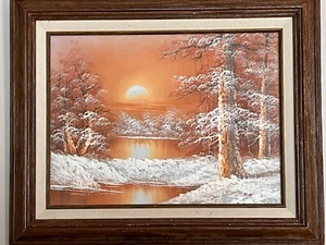 Original Oil on Canvas Painting Snowy Forest Lake w/ Sun Signed “KING”, Framed - Picture 1 of 9