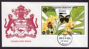 LIONS CLUB ROTARY SCOUT RED CROSS $500 BLACK OVPT BUTTERFLY S/S 1990 GUYANA FDC - Picture 1 of 1