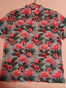 Yatta Golf Shirt Men's XL Floral Flamingo Beach Print Polo Polyester Spandex - Picture 1 of 5